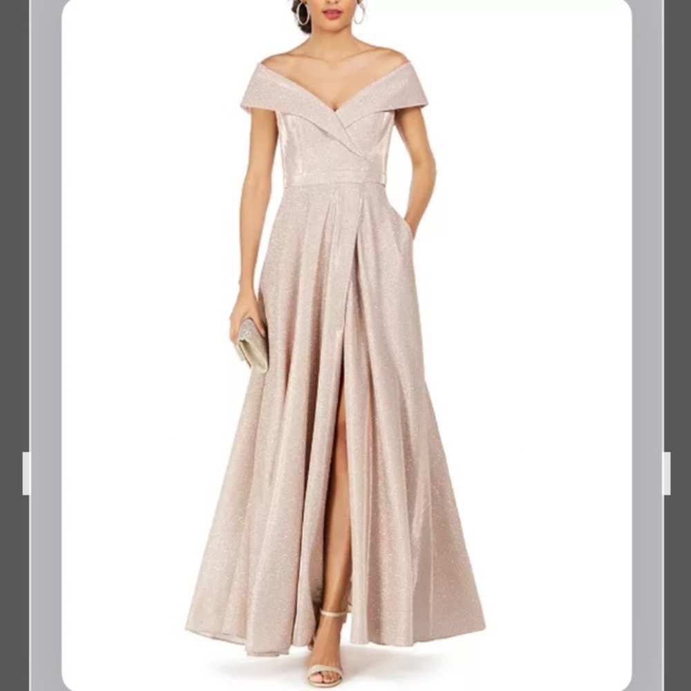 XSCAPE Plus Size Off-The-Shoulder Shimmer Wrap Style Gown in Blush Pink/Silver